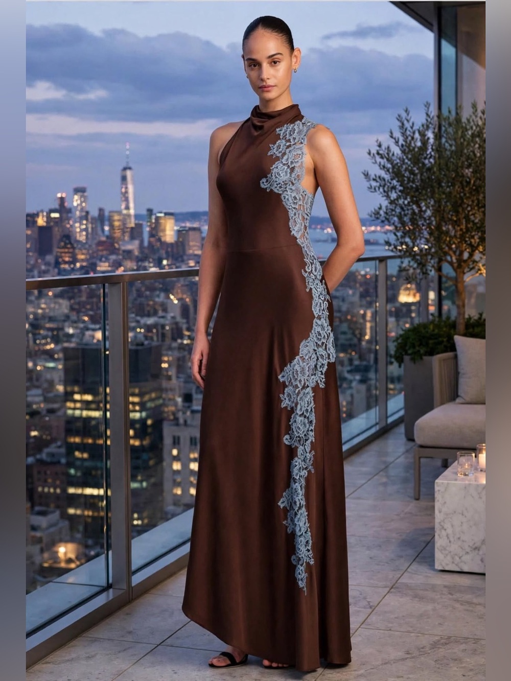 A.L.C. Josephine Satin and Lace Maxi Dress Brown with Blue Lace Sz 10 NWT